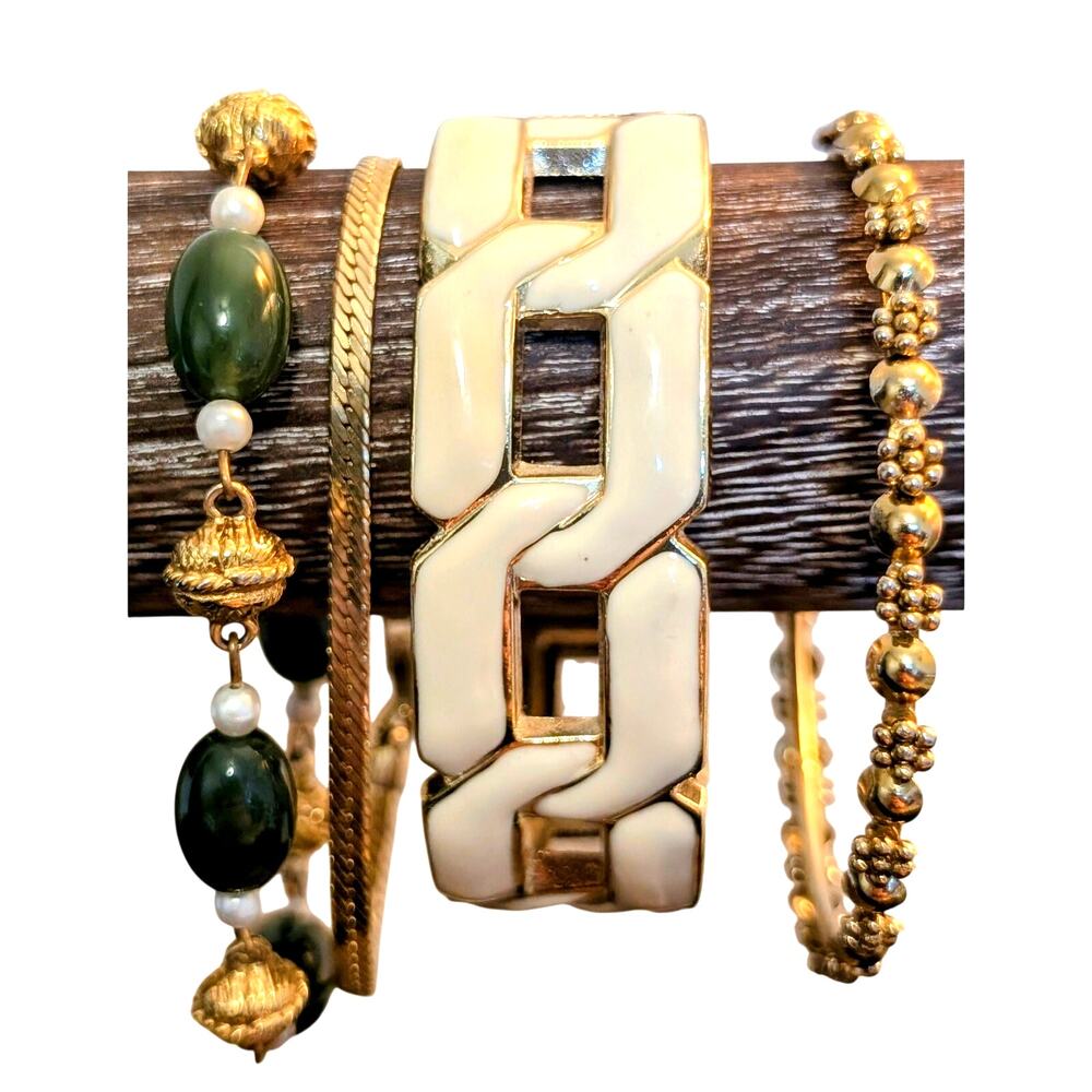 Four Bracelet Lot of Cream Enamel Chain Link Hinged Bangle, Green Stone & More